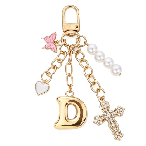 Cross Bag Charms Keychain - Butterflies Keyring Initial Purse Charm - color: Gold D