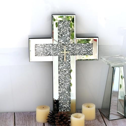 GIMORRTO Cross Wall and Table Decor, Glass Mirrored Surface, Modern Style, Religious Theme, Silver, 15 x 5 Inches, Indoor (15")