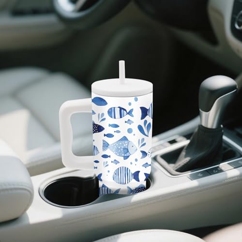 Fish Tumbler with Handle and Straw 24oz, Gifts for Ocean Lovers, Insulated - color: Fish