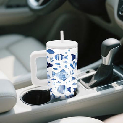 Fish Tumbler with Handle and Straw 24oz, Gifts for Ocean Lovers, Insulated - color: Fish