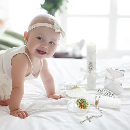 Baptism Candle Set for Boys Girls,White 5 PCS Baptism Kit Virgen De Guadalupe Catholic Candle,Baptismal Towel,Baptismal Shell,Rosary,Bible for Baby Dedication Christening Gift,Velas para Bautizo Niño