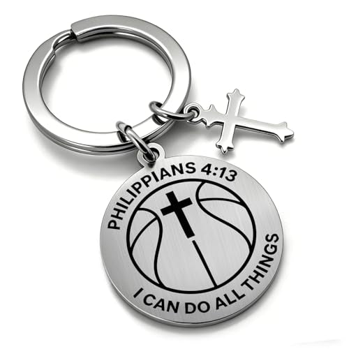 OFlyDesigns Christian Football Sports Keychain, Philippians 4:13 Engraved Inspirational Gift for Men Women Teens - style: Basketball