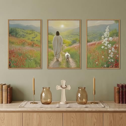 LHIUEM Large Jesus and Lamb Christian Framed Canvas Wall Art,Leaves The 99 Sheep Wall Decor,Mountain Sunset Flower Bible Artwork for Living Room,Bedroom,Dining Room,Office -24''x36''x3 - color: Jesus and Lamb Wall Art, size: 24''x36''x3