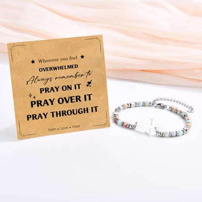 Christian Cross Bracelet for Women Girls, Adjustable Stainless Steel Beaded Cross Bracelets, First Communion Confirmation Easter Religious Bapstim Natural Gemstone Jesus Bracelet Gifts for Her - style: Pray On It