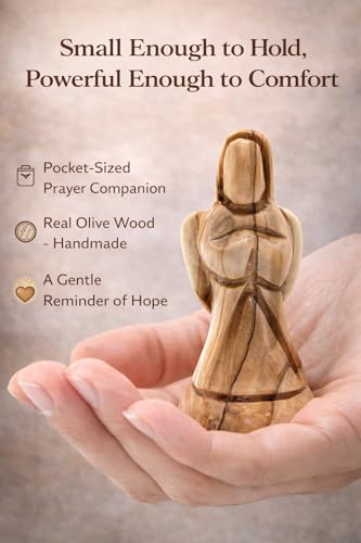 Zuluf Olive Wood Mini Praying Angel Statue (3.1") – Hand Carved Guardian Angel from Bethlehem – Christian Sympathy & Memorial Gift – Small Comfort Figurine for Prayer, Grief & Remembrance - color: 3.1" Mini Angel