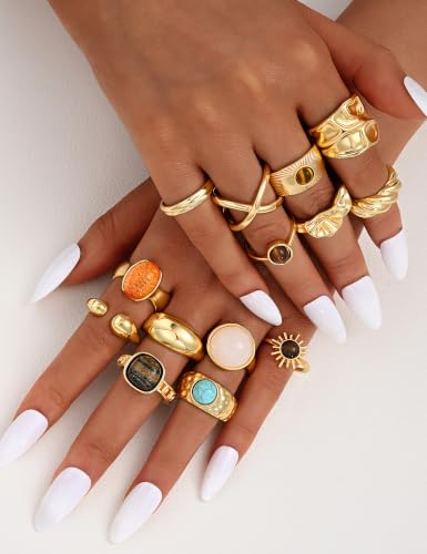 Gold Stackable Rings Set for Women, Gold Plated Chunky Crystal Finger Rings - color: Chunky Gold
