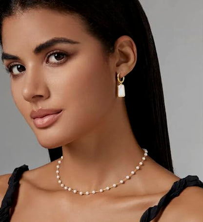 Natural White Sea Shell Long Pendant Earrings for Women Iridescent Elegant 18K Gold-Plated Titanium Steel Jewelry Minimalist & Unique - color: Gold