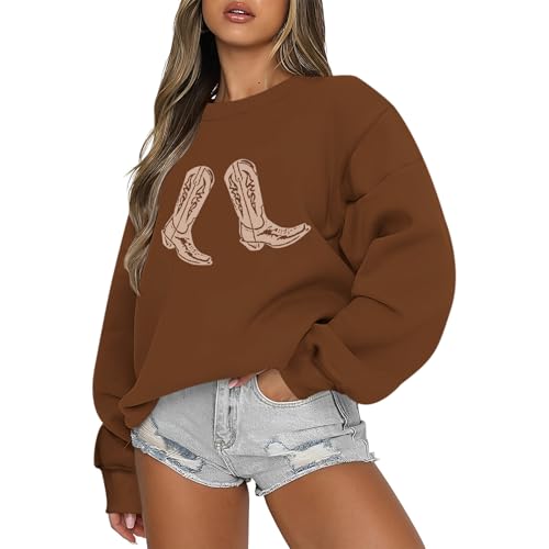 Western Cowgirl Boots Graphic Sweatshirts For Women Country Vintage Hoodies Long Sleeve Cowboy Rodeo Shirts Pullover - color: Brown, size: X-Large