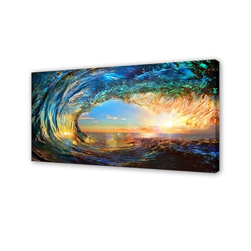 Cao Gen Decor Art S06798 Giant Wave Water Wall Art Canvas Prints 1 Panels Ocean Waves Pictures Paintings with Sunset Blue Seascape Framed for Living Room Bedroom Kicthen Office Artwork - color: Blue, size: 71"L x 36"W