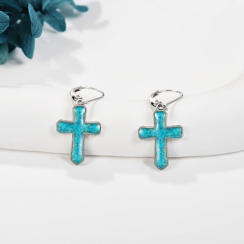 Cross Earrings 925 Sterling Silver Dangle Earring Gifts for Women - style: Turquoise Cross