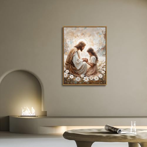 Jesus and Girl Praying Framed Canvas Wall Art 16x24 inch - color: Sea of Flowers, size: 16"x24" Natural