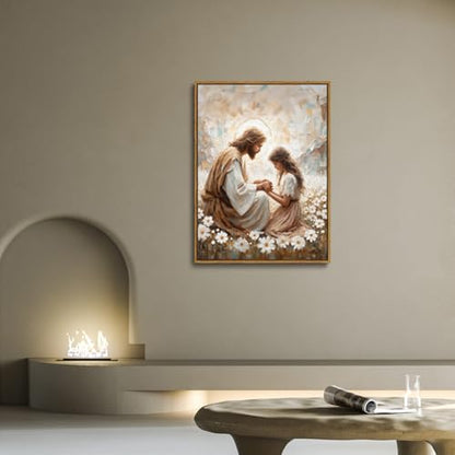 Jesus and Girl Praying Framed Canvas Wall Art 16x24 inch - color: Sea of Flowers, size: 16"x24" Natural