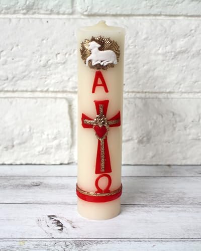 Red Gold Cross Jesus Sacred Heart 1st Confirmation Unique Paschal Gold-Tone Candle Alpha Omega Cross Sheep Baptism Easter Lent Batuizo Devotional Cirio CONFIRMACION