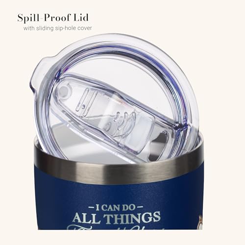 Christian Art Gifts Stainless Steel Scripture Tumbler Travel Mug for Women - color: Navy/Through Christ