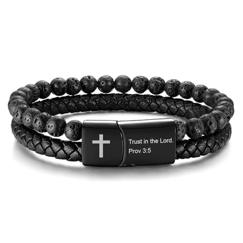 Men's Cross Bracelet for Men : Inspirational Bible Verse Black Leather Bracelets Christian Catholic Religious Jewelry Gifts Ideas for Man, Healing Lava Rock Bead Cross Bracelet Leather Wristband - color: Trust in the Lord., size: Small(fit 5.7" to 6.6" wr