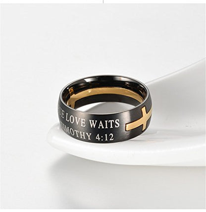 Men's Stainless Steel 8MM Bible Verse Christian Purity Cross Ring Band 1 Timothy 4:12 - color: Black Gold