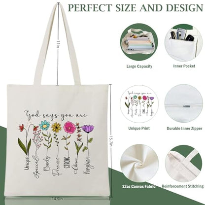Andeiltech Canvas Christian Tote Bags Bible Canvas Bag Faith-Inspired Graphic Book Tote for Church Christian Birthday Gifts - color: God Says You Are