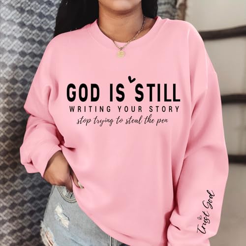 PAIEXILY Christian Crewneck Sweatshirts for Women God Faith Bible Verse Pullover Jesus Religious Long Sleeve Shirts Tops - color: Pink, size: Small
