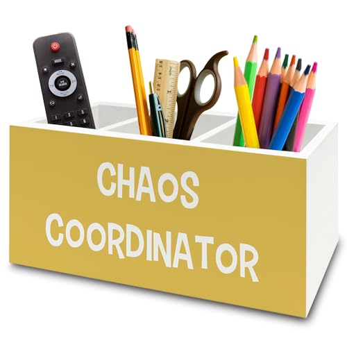 Chaos Coordinator Yellow Pen Pencil Holder Organizer for Desk, Thank You Gifts for Women Men Coworkers Boss Leader Manager, Appreciation Gifts Wooden Box Sign for Office Tabletop Decorations - color: colour37