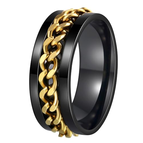 Mens Fidget Rings Anxiety Ring for Men 6mm 8mm Chain Spinner Ring Size 5-14 - color: Black Gold