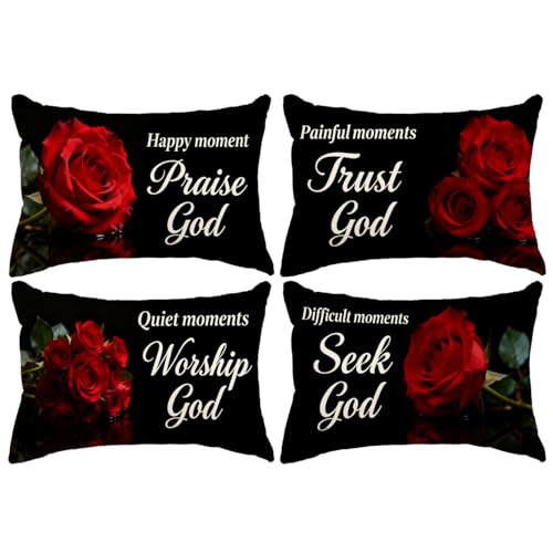 Christian Faith Throw Pillow Covers 12x20 Inch Inspirational Bible Verse White Rose Decorative Pillowcases Church Religious Cushion Covers 4Pack, Gift for Christian & Faith Lovers (Red) - color: Red
