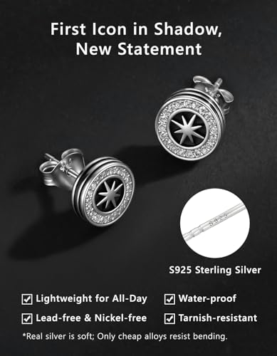 KRKC&CO Earrings for Men, Sterling Silver Earrings Studs, Hypoallergenic - color: Black J