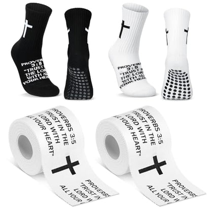 TrelaCo 2 Sets Cross Grip Socks with 2 Pcs Christian Athletic Tape Jesus Soccer Grip Socks Cotton Sports Athletic Tape Serrated Edges for Easter Gifts Football Baseball(Black White,Proverbs 3:5) - color: Proverbs 3:5