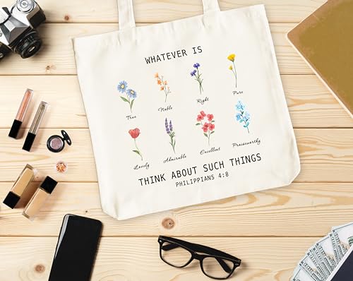 Christian Canvas Tote Bag for Women, Whatever Is Think About Such Things Bible Tote, Bible Verse Religious Gift Bag, Floral Library Book Bag, Inspirational Shoulder Bag Gifts for Women Friends -33