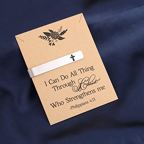 BEKECH Cross Tie Clips for Men Christian Faith Gift Philippians 4:13 First Communion Tie Tacks for Minister Clergy Officiant Groom Father of the Bride Day Tie Clip