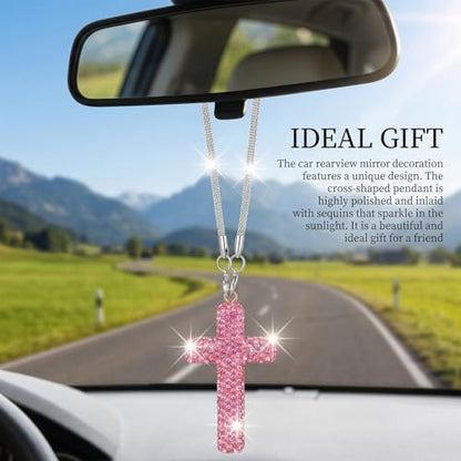 Sibba Bling Cross Car Hanging Ornament,Pink,Diamond Rear View Mirror Charm
