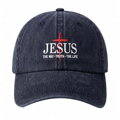 BINTEHGS Mens Christian Faith Embroidered Hat Jesus The Way The Truth The Life Baseball Cap Cross Adjustable Trucker Hats - color: Navy Blue