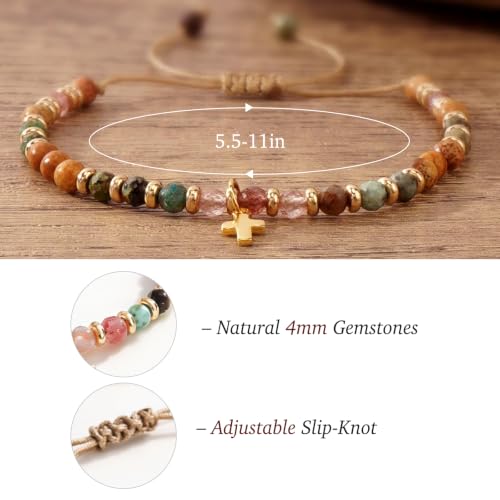 Christian Gifts for Women, Cross Bracelet, Natural Stone Beaded Jewelry - color: Brown