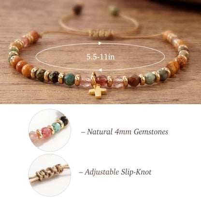 Christian Gifts for Women, Cross Bracelet, Natural Stone Beaded Jewelry - color: Brown