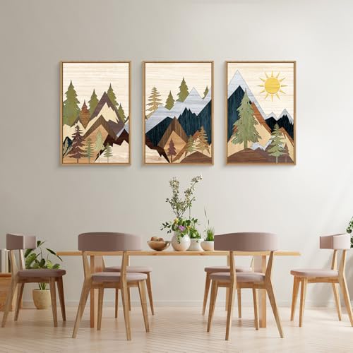 Ausri Boho Mountain Pine Tree Framed Canvas Wall Art Set -24"x36"x3 - color: Boho Mountain Wall Art, size: 24"L x 36"W