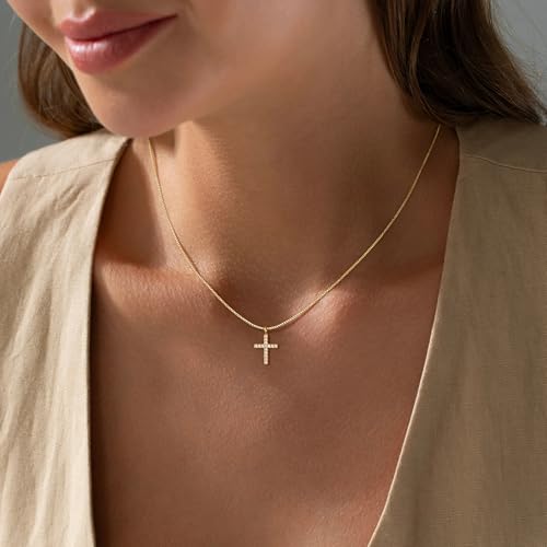Cross Necklace For Women,14K Gold Plated Small Dainty Colorful Beaded Cubic Zirconia Diamond Double Layered Cross Pendant Choker Necklaces For Women,Christian Easter Religious Jewelry Gifts - style: Box Chain Small CZ Cross-Gold