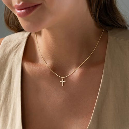 Cross Necklace For Women,14K Gold Plated Small Dainty Colorful Beaded Cubic Zirconia Diamond Double Layered Cross Pendant Choker Necklaces For Women,Christian Easter Religious Jewelry Gifts - style: Box Chain Small CZ Cross-Gold