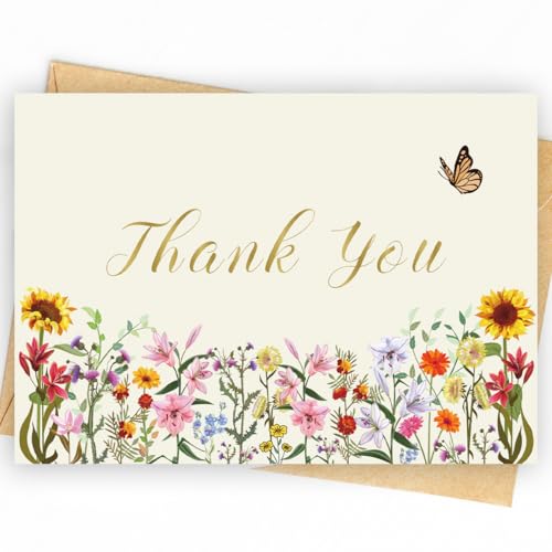WowBefun 25 Pack 350GSM | Floral Thank You Cards | Thank You Cards with Envelopes | Small Thank You Notes & Cards for Wildflower, Watercolor & Wedding - color: B Style 25pc
