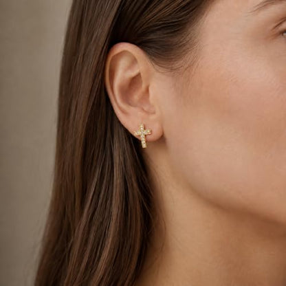 Dainty Cross Stud Earrings for Women, S925 Silver posts gold plated - color: Yellow Gold