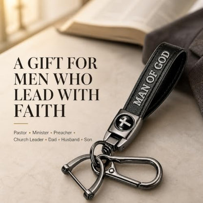 Christian Cross Leather Keychain for Men – Christian Gift for Dad Husband Son - color: Black – Man of God