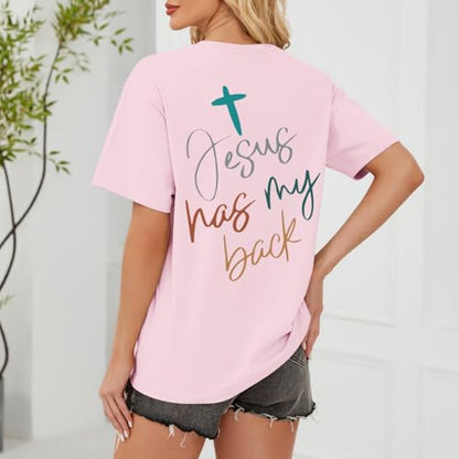 Tuislay Christian Shirts for Women Jesus Has My Back Tshirt God Bible Verse Shirt Faith Cross T Shirts Inspirational Tees Top - color: Pink, size: Medium