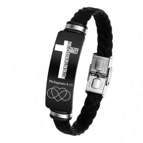 Adjustable Leather Christian Bracelet For Men, Faith Religious Gifts - color: PHILIPPIANS 4:13