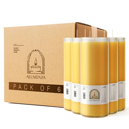 6pk Yellow Amarillo 90hr | 7-Day Prayer Candles - Glass Jar Veladoras, Unscented Paraffin Wax | Success, Luck & Confidence Novena - Catholic Hispanic Church Altar, Memorial Vigil & Prosperity - color: Yellow