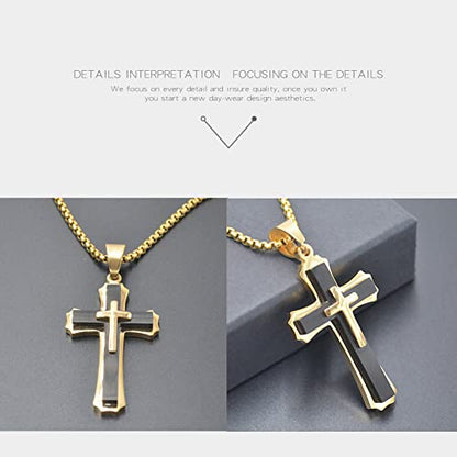 OLEVS Men's Cross Pendant Necklace Large Stainless Steel Cross Pendant Necklace for Men Women - color: gold-black