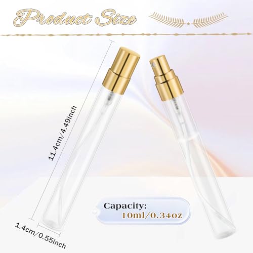 30 Pcs 10ml/0.34oz Mini Spray Bottle Glass Fine Mist Perfume Atomizer Empty Sample Containers with Golden Lids for Travel Cleaning Essential Oils - size: 10 ml