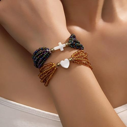5Pcs Set Cross Beaded Crystal Turquoise Colorful Stretch Bracelet Christian Matching Strand Bracelet for Women Holiday Bohemian Boho Jewelry Multilayered Handmade - color: F