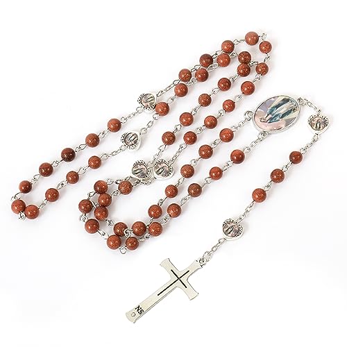 Nazareth Store Natural Stone Beads with Miraculous Epoxy Heart Metal Beads Rosary Necklace Gemstone Christian Gifts - color: Sandstones