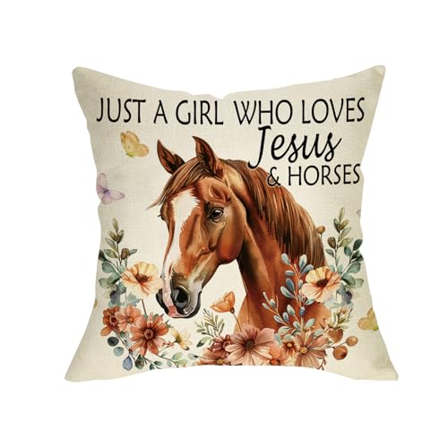 Just a Girl Who Loves Jesus and Horses Throw Pillow Cover 18 x 18