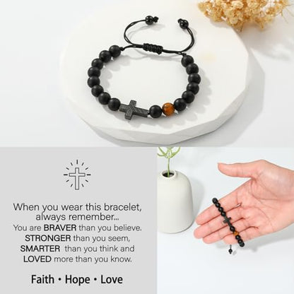 P. BLAKE Cross Bracelet for Boys Men, American Flag Cross Natural Beads Bracelet Christian Religious Birthday Jewelry Gifts for Teen Boys - style: To My Son from Dad