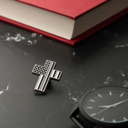 Great 1 American Flag Christian Cross Lapel Pin - color: Thin Grey-Gray Line