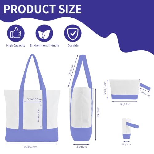 2-Pack Canvas Tote Bags and Makeup Bags, Cotton Zipper Bag, Purple - color: Purple/White